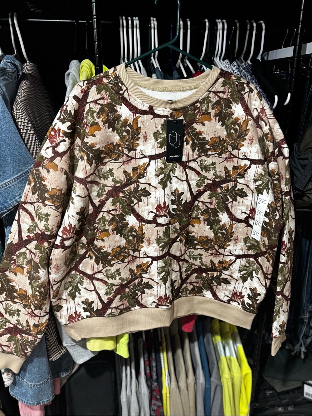 Original Use Oak Leaf Print Crewneck Sweater - Beige, Green, Brown